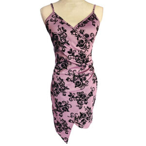 Y2K Almost Famous Rose Bodycon Mini Dress Spaghetti Strap Size M Pink Black